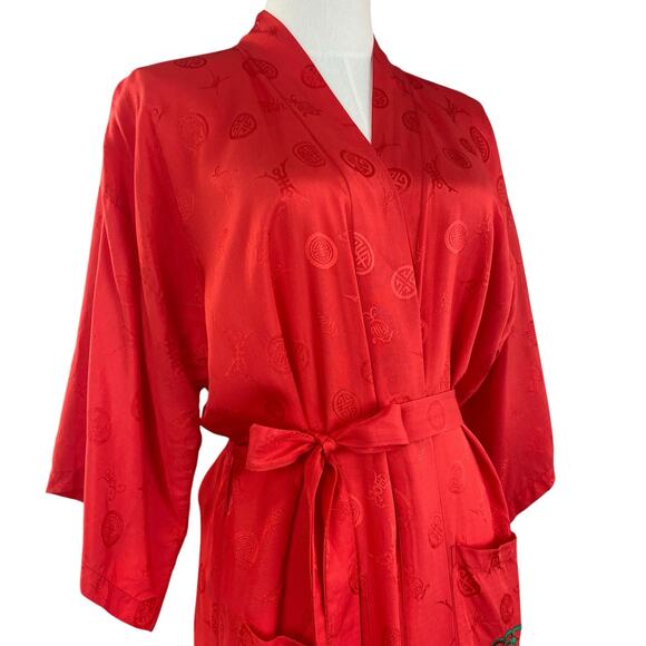 Vintage 70s Boho Red Silk Embroidered Dragon Unisex Kimono Robe Size M - Picture 15 of 15